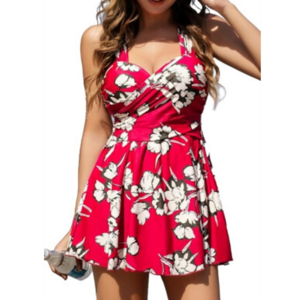 Cocopear‎ One Piece Swimsuit Dress Skort Floral Pink Womens Size L